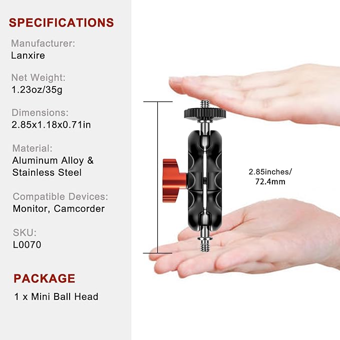 Magic Arm with Double Ball Head and 1/4" Screw - Compatible with Super Clamp, Camera Cage, Monitor and Microphone - Max Load up to 2kg / 4.4lb