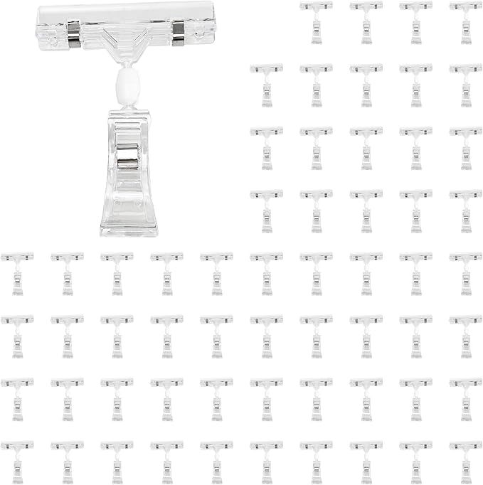 PDETVEO 60PCS Plastic Sign Holder Clips, Rotatable Price Signs Double Display Clips, Retail Cards Clips for Merchandise/Retailers