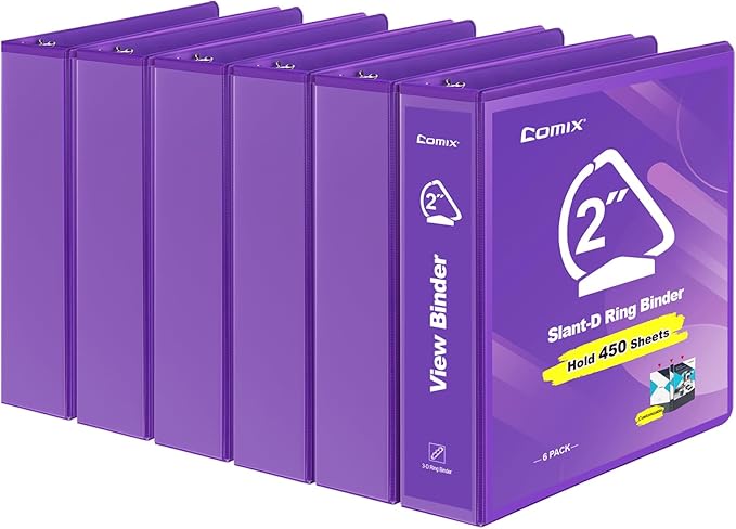 COMIX Sturdy 3 Ring Binder 2 inch with Clear View Cover, 2" Slant-D Ring View Binder Holds 500 Sheets of US Letter Size Paper, 6 Pack (Purple)