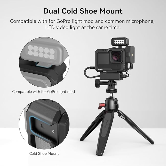 SmallRig Hero 13 / Hero12 / Hero11 / Hero 10 / Hero 9 Black Cage for GoPro, with 2 Cold Shoe Mount for GoPro Light Mod and Common Microphone, Led Video Light - 3083C