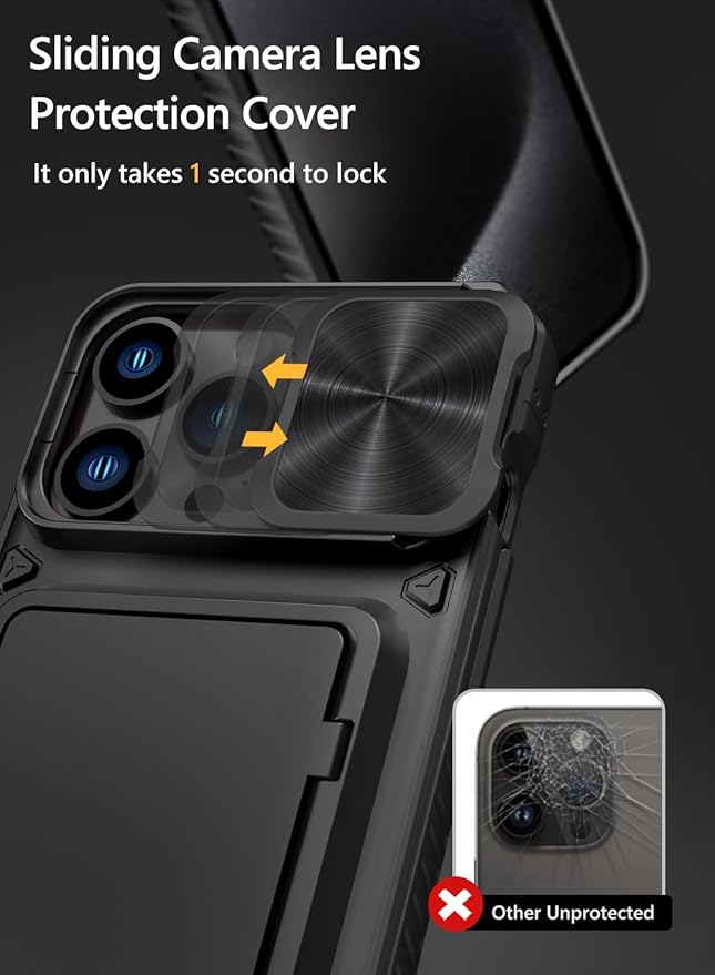 Vihibii for iPhone 15 Pro Max Case with Card Holder (4 Cards) & Slide Camera Cover & Kickstand, Military Grade Drop Protection, Rugged Hard Back & Silicone Edge Wallet Phone Case, 6.7" 2023, Black