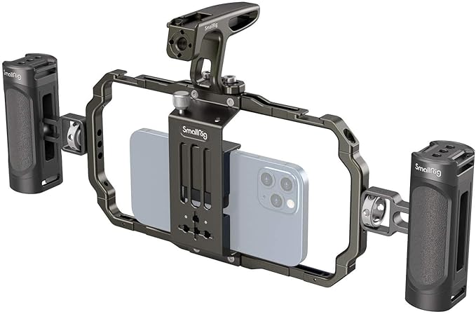 US Stock Universal Mobile Phone Handheld Video Rig kit with Two Side Handles and a top Handle for Mobile Filmmaking, vlogging,Features Two Cold Shoe mounts and Multiple 1/4 Threaded Holes