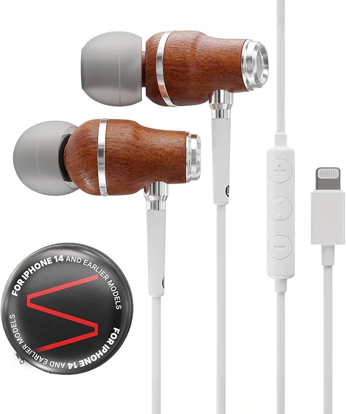 Symphonized iPhone Earphones Wired Deep Bass Sound, 3D Sound, Microphone Volume Control, 90% Noise Cancelling, Bubinga Wooden with Lightning (Apple MFI Certified), iPhone SE to 14 Earbuds (White)