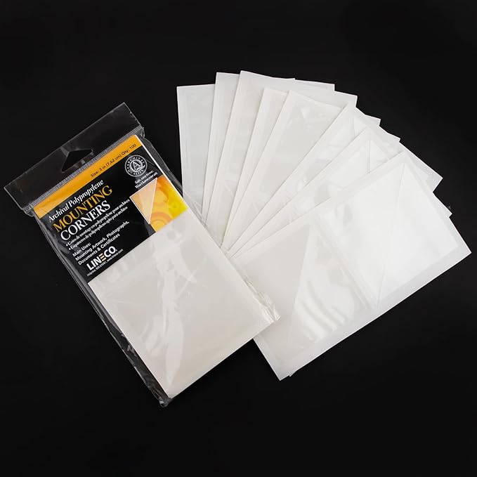 Lineco, Archival Polypropylene Mounting Corners, Acrylic Self-Adhesive Acid-Free Non-Yellowing, 3 Inches, for Artwork Photos, 100-Pack, Clear