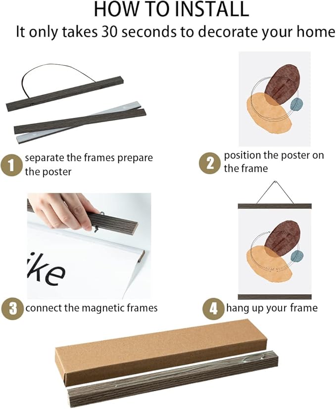 YK artwood 3 Pack Magnetic Poster Hanger Brown, 12x18 12x16 12x24 Poster Frame Wood Wooden Magnet Print Posters Dowel Scroll Hanger Hangers Hanging Kit for Walls Map Canvas Artwork