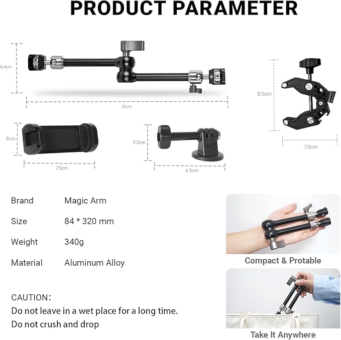 Heavy-Duty Articulating Magic Arm Mount with Super Clamp, 360° Dual Ball Head & 1/4" ARRI Locating Pin&Holes, Camera Monitor Mount for Action Camera Video LED Light (11" Magic Arm w/Clamp)