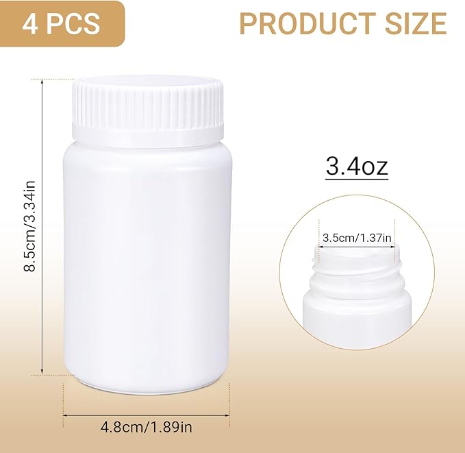 UMETASS White Pill Bottle, Empty Medicine Bottles with Screw Caps for Pills Capsules Vitamins, Food Grade Plastic Medicine Containers with Labels for Travel (3.4oz/100ml, 4 Pcs)