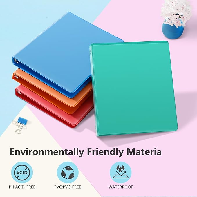 ViVin 1 Inch Round Ring View Binder for Durability, Standard 3 Ring Binder for 200 Sheets of US Letter Size Paper, PVC-Free, 6-Pack (Assorted)