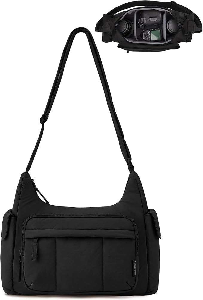 BAGSMART 2 in 1 Puffy Camera Sling Bag for Photographer, Everyday Shoulder Crossbody Bag with Pockets Digital Camera Case for DSLR/Mirrorless, Black