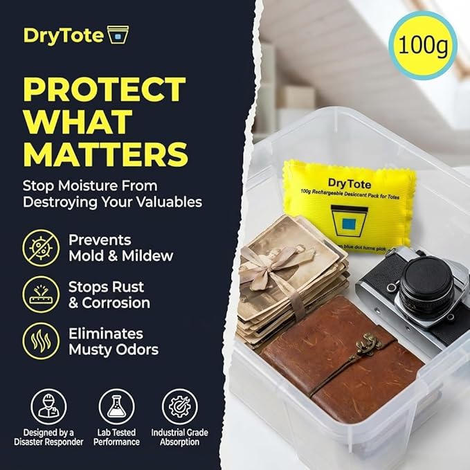 DryTote Rechargeable Desiccant Pack (Pack of 50), Ultimate Moisture Absorption, Color Change Indicator, Safe Storage Protection, Large Capacity 200 Gallons, 100g, Yellow