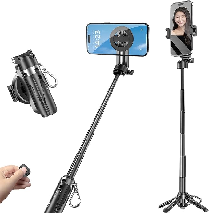 Mini Magnetic Selfie Stick,Multifunctional Magnetic Selfie Stick with Wireless Remote,360° Rotation Phone Selfie Stick Tripod for Video Recording&Vlogging-Portable Travel