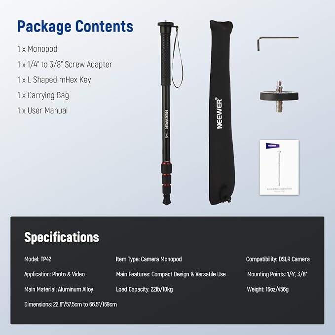 NEEWER 66.5" Camera Monopod Stand, Lightweight Aluminum Travel Selfie Stick for DSLR Camcorder Photography & Video Recording, 1/4" & 3/8" Screw Adapter, Max Load 22lb, TP42