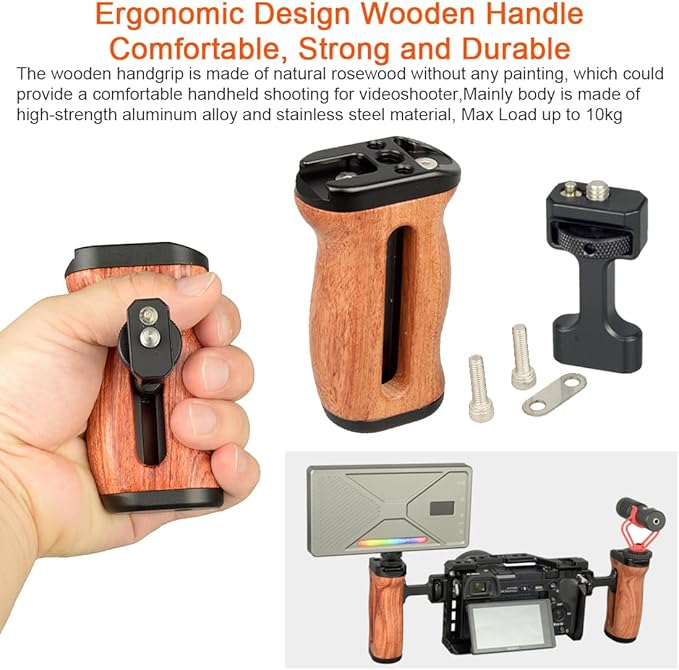 Wooden Camera Cage Side Handle Grip with 1/4" Screw Locating Mount for ARRI, Mini Side Handle for Smartphone Cage Video Rig and Action Camera Cage Compatible with Gopro/Insta360/DJI Osmo