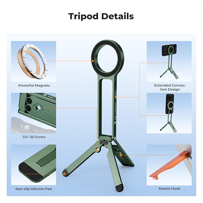 K&F CONCEPT Magnetic Phone Tripod Stand, 23N Strong Magnetic Mini Tripod Aluminium Alloy Pocket Selfie Stick, Mag Safe Phone Holder Compatible with iPhone 17 16 15 14 13 12 Series(Green)