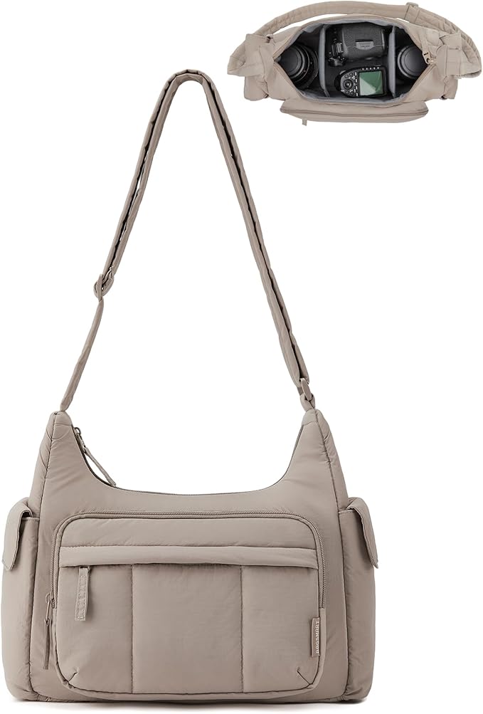 BAGSMART 2 in 1 Puffy Camera Sling Bag for Photographer, Everyday Shoulder Crossbody Bag with Pockets Digital Camera Case for DSLR/Mirrorless, Brown