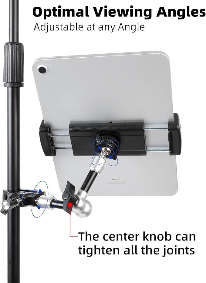 Tablet Holder for Microphone Stand, Aluminum Mic Music Stand Mount for iPad and iPhone, Adjustable Tablet Holder with Super Handle Clamp Compatible with 4.7 to 13 inch Tablets & Phones