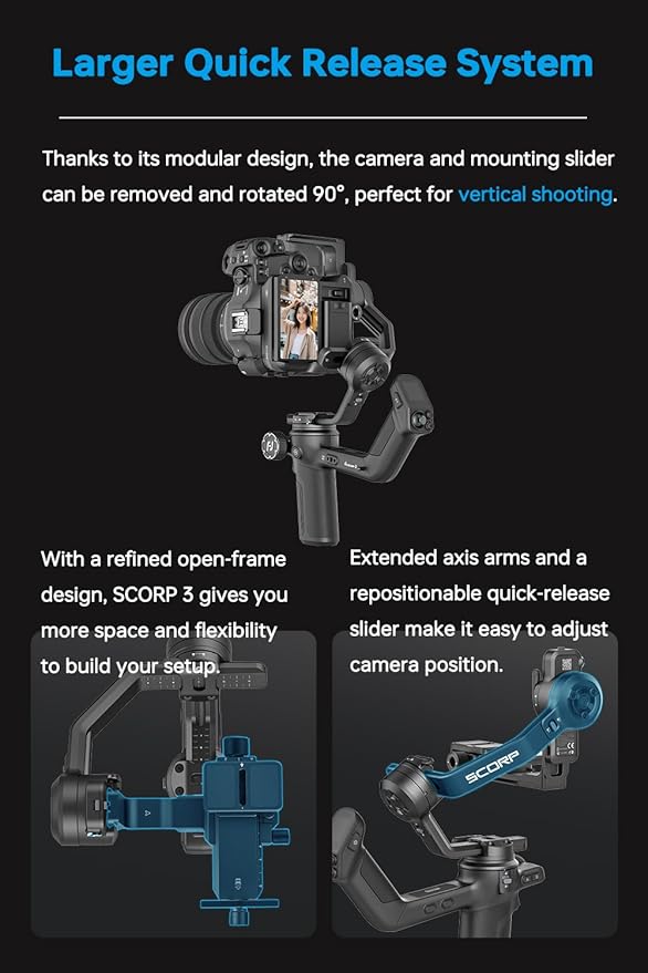 FeiyuTech SCORP 3 [Kit] Gimbal Stabilizer for Canon/Sony/Nikon/Fujifilm – 7.72lbs Payload, Detachable Handle, Built-in AI Tracking, Native Vertical Shooting, Professional Video Stabilizer with Case