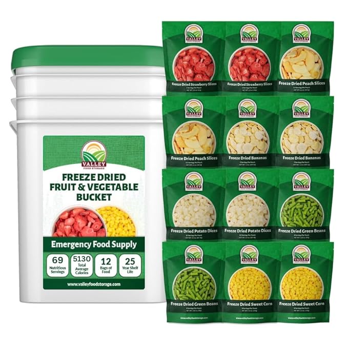 Freeze Dried Fruit & Vegetable Bucket | 12 Pouches Premium Emergency Food Supply | Non-GMO Survival Food 25 Year Shelf Life | Camping Food, Backpacking Meals, Prepper Supplies | Valley Food Storage