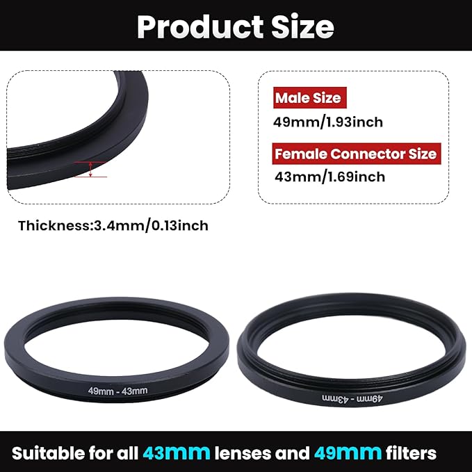 Metal Step Down Ring Filter Adapter - 49mm to 43mm - Metal Ring Step Down Rings Adapter Filter Compatible with All 43mm UV, CPL, ND, Lens Hood, Threaded Lens ect