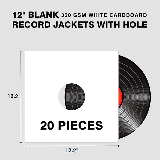 20PCS 12 Inch Vinyl Record Jackets, Thick White Cardboard Sleeves with Center Hole, Blank LP Album Covers for 33 RPM Storage & Organization, 350gsm LP Jackets for Record Storage