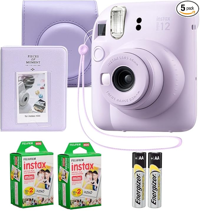 Fujifilm Instax Mini 12 Instant Camera Lilac Purple Bundle – Includes 40-Sheets Instax Mini Film, Protective Case, and Mini Photo Album