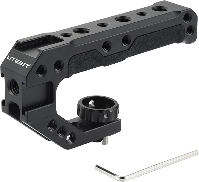 UTEBIT Camera Top Handle with 3/8" ARRI Locating Pins for Camera Cage, Universal Camera Grip Top Handle Lightweight, 1/4" Screw & 3 Cold Shoes Compatible with SmallRig Handles Camera Cages Video Rigs