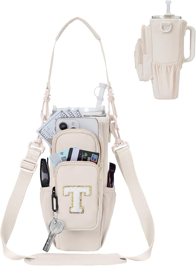 sportsnew Birthday Gifts for Women Personalized Initial Water Bottle Holder with Strap fits most 40oz Tumbler with Handle Water Bottle Carrier Bag with Phone Pocket & Straw Topper Tumbler Accessories