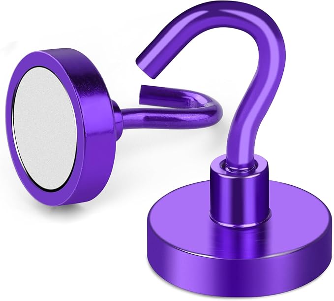 MIKEDE Magnetic Hooks, 50Lbs+ Heavy Duty Magnet Hooks for Cruise Cabins, Super Neodymium Hanging Hooks Strong Magnets with Hook for Fridge, Magnetic Hanger for Grill, Toolbox, Storage(Purple, 4 Pack)