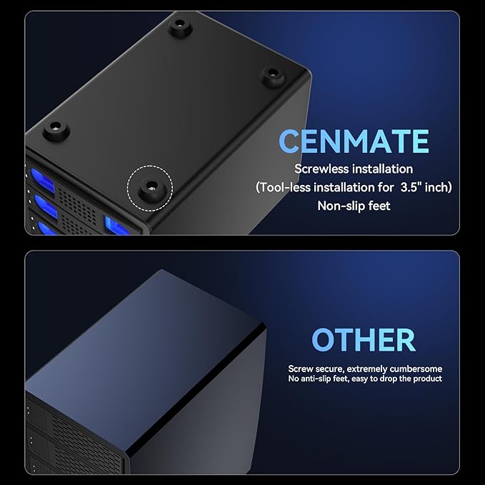 CENMATE 4 Bay Hard Drive Enclosure with Cooling Fan for 2.5/3.5" SATA HDD/SSD with USB A/C 3.0 Cable, Tool-Free HDD Enclosure, 3.5 Hard Drive Enclosure Support 80TB, Hot Swappable(NO RAID/NAS)