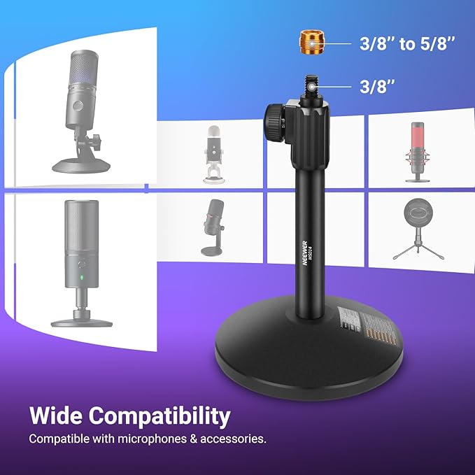 NEEWER Desk Microphone Stand, Adjustable Table Top Mic Holder Mount with 3/8" to 5/8" Screw Adapter Compatible with QuadCast SoloCast Shure Blue Yeti Snowball, Max Load 3.3 lbs, MS014