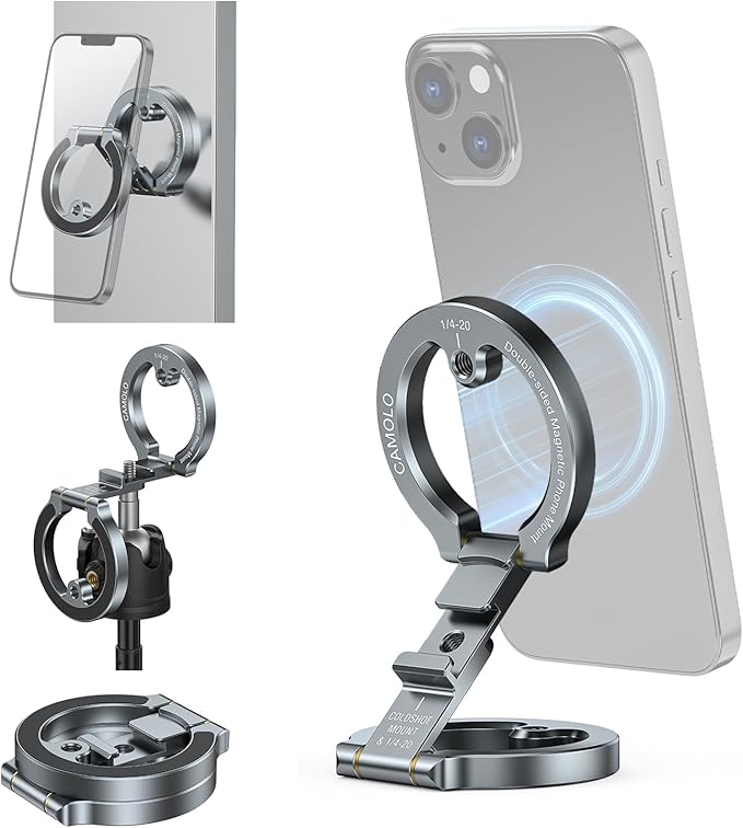 Double Magnetic Ring Phone Holder,Gym Magnetic Stand,Tripod Phone Mount with 1/4" Screw Compatible with iPhone 16/15/14/13/12 Pro Max Series & MagSafe Cases,Travel, Car, Gym,Refrigerator