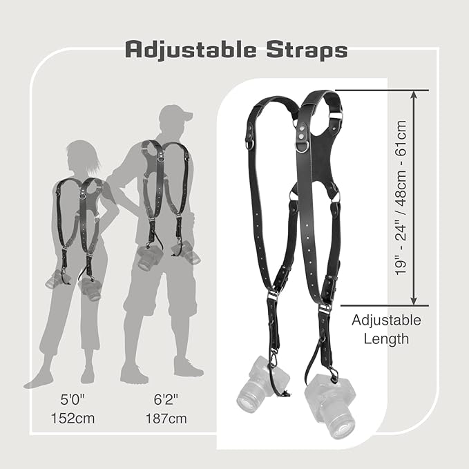 Leather Dual Camera Harness Strap for Photographers,Adjustable Shoulder Crossbody Padded Harness for DSLR SLR
