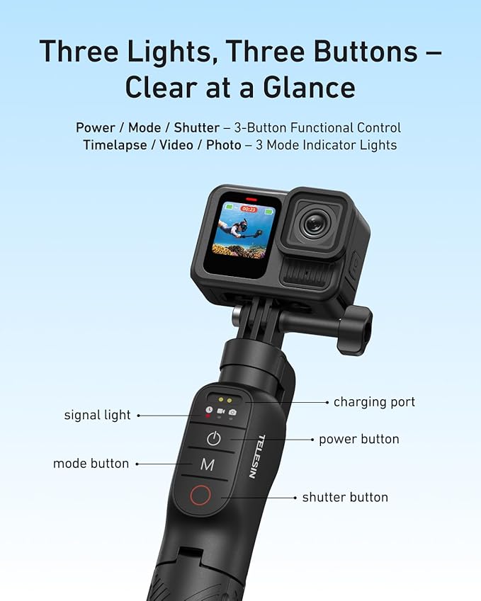 TELESIN Bluetooth Floating Selfie Stick Tripod for GoPro Hero 13/12/11/10/9, Waterproof Extendable Pole 3-in-1 Hand Grip Tripod with Signal Booster, 15M Diving Stick for Surfing, Snorkeling, Vlogging