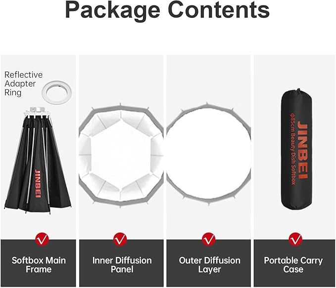 JINBEI 25.6"/65cm Deep Beauty Dish Softbox Quick Release Softbox with Diffusers/Honeycomb Grid/Bag Compatible with JINBEI EF80/EF80Bi and Other Bowens Mount Lights for Photography, Live Streaming