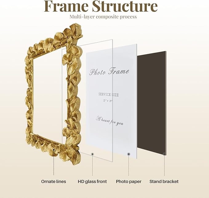 Cuspin 11x14 Picture Frame Vintage Gold Frames, Ornate Leaf Textured Hand-Crafted Resin with Glass Front, Gold Picture Frames for Tabletop Display, Retro Design Home Decor