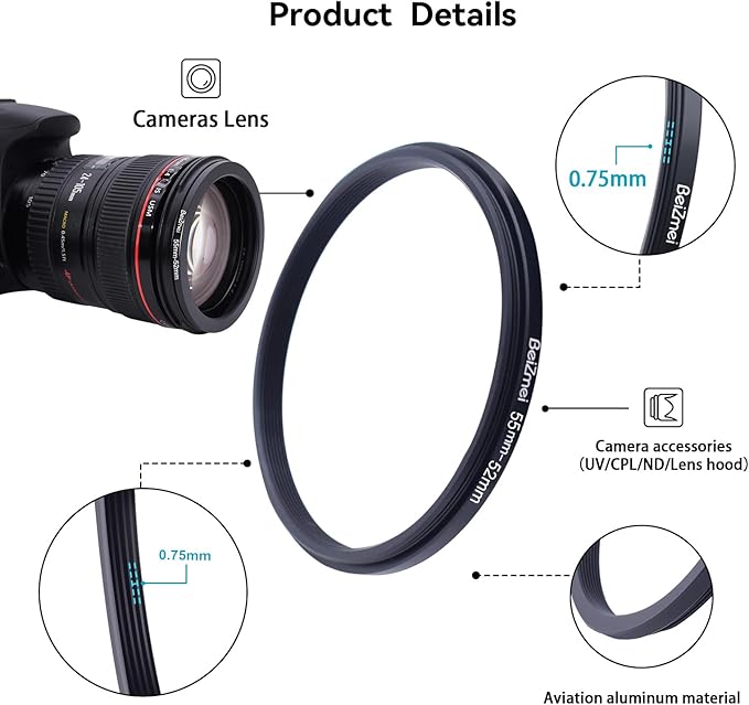55mm to 52mm Camera Filters Ring,Step-Down Filters Ring Compatiable All Brands Ø55mm Lens to Ø52mm Camera Accessory.Made of CNC.