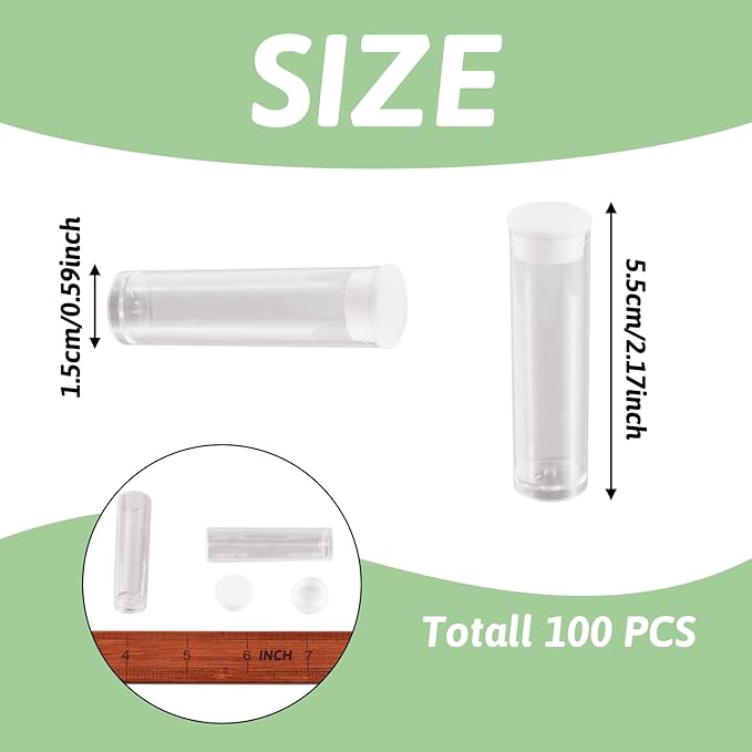 Craftdady 100Pcs Transparent Clear Plastic Small Empty Storage Tubes Bead Container Set Test Bottles Organizers Boxes with Lid 2.16x0.59 (55x15mm)