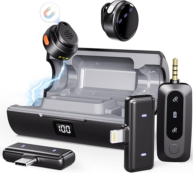Moman Wireless Lavalier Microphone 3-in-1 Set for iPhone/Android/Camera/Laptop/PC, 48H Video Recording Active Noise Cancellation Lav Mic, Mini Clip/Magnetic Microphones for Lightning/USB-C/3.5mm