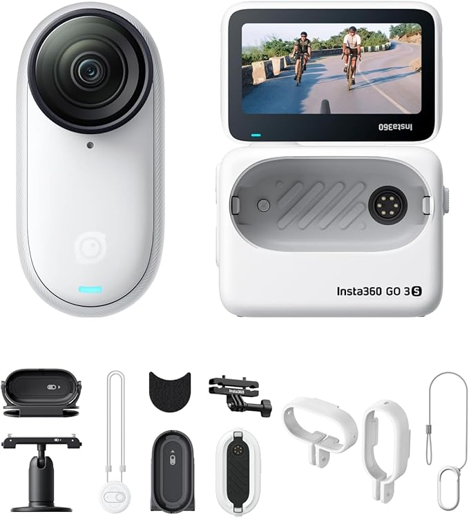 Insta360 GO 3S Cycling Multiview Bundle - 128 GB White 4K Tiny Portable Vlogging Camera, Hands-Free POVs, Mount Anywhere, Stabilization, 140 Min Battery Life, 10m Waterproof, Pet POV, White