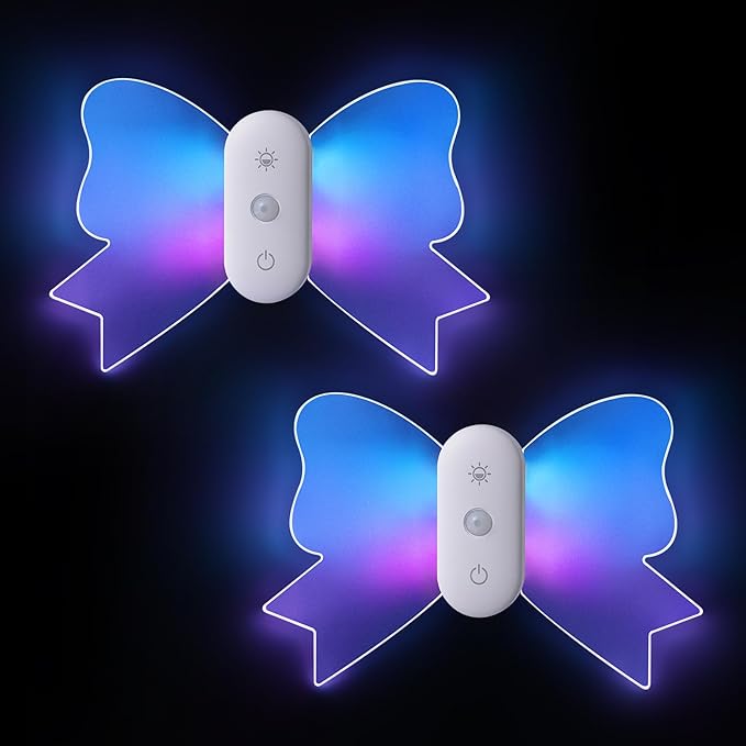 LOFTEK Rechargeable Motion Sensor Wall Sconce 2PCS- 15 RGB Butterfly Ambient Light Dimmable - Acrylic Bow-Knot Night Light Peel & Stick Wall Lamp for Balcony Bedroom Stair Hallway Kid's Room