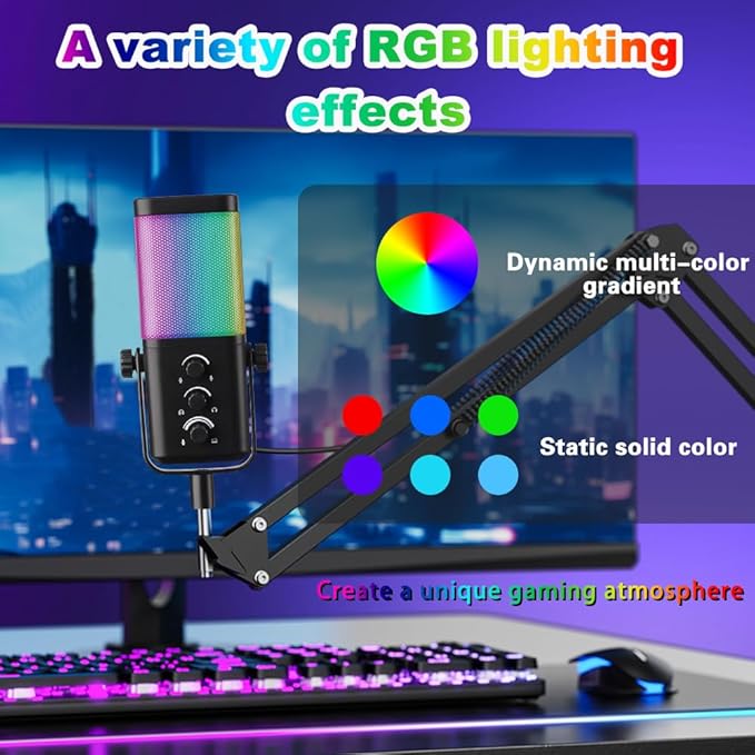 USB Gaming Microphone with Boom Arm - Professional RGB Condenser Mic for PC/PS5 - Triple-Knob Control (Mic Gain, Headphone Vol, Monitor Mix) - Zero Latency Streaming Kit