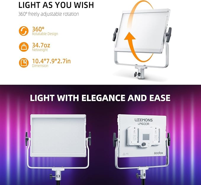 Godox LP600R RGB LED Video Light with Barndoor, 60W 1800K-10000K 9270Lux LED Panel Light with 14 FX Effects APP Control CRI/TLCI 96+ Dimmable 0-100% Studio Soft Light for Photography