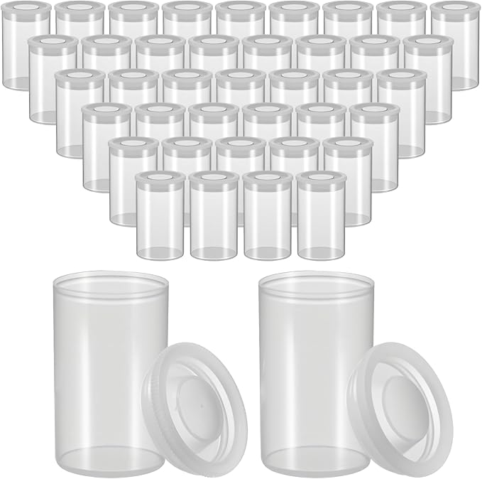 100 Pieces Film Canisters with Caps 35 mm Plastic Empty Camera Reel Storage Containers Case with Lids for Small Accessories Rockets Experiment Fish Hook Film Keys Coins Art Beads (Clear)