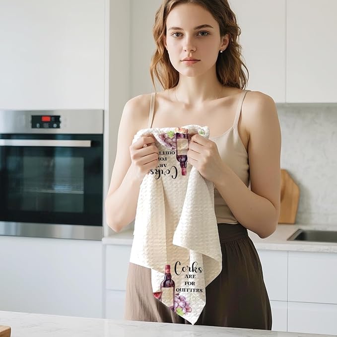 Jztco 2 Pcs Funny Wine Kitchen Towels 24x14 Inch, Wine Glass Grape Waffle Hand Towels for Kitchen Home Bathroom Decor, Absorbent Microfiber Dish Cloth Tea Towel, Housewarming Gifts for Women Friends