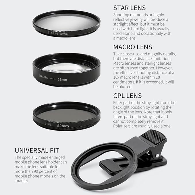 EMVANV 52mm 3 in 1 Phone Lens Filter Kit, CPL + Macro + Star Lenses, Universal Clip-on Cellphone Lens, Black, Optical Glass