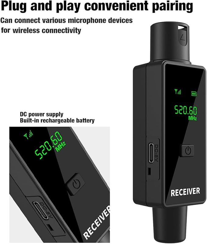 Diyeeni 2.4GHz Wireless XLR Microphone Transmitter Receiver, Plug and Play Wireless Mic Adapter with 24Bit 48kHz Audio Quality for Dynamic Condenser Mics Cameras PA Systems (1 for 2)