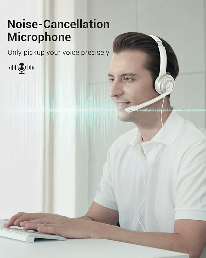 HW02 USB Headset with Microphone Noise Cancelling & in-line Control, Super Light, Ultra Comfort On-Ear Wired Office Call Center Headset for Boom Skype Webinars (White)