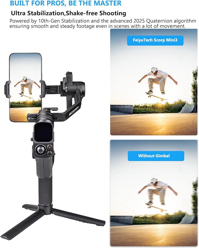 FeiyuTech Scorp Mini 3 Gimbal Stabilizer for Smartphone, 3-Axis Phone Gimbal Built-in AI Tracking Module, with Cooling Fan and Integrated Grip Design, Touch Screen, 2KG Payload for iPhone and Android