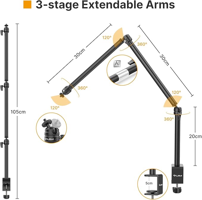 VIJIM LS08 Flexible Overhead Camera Mount Desk Stand, Webcam Stand Microphone Boom Arm Tabletop Photography Videography Live Stream Table clamp Mount