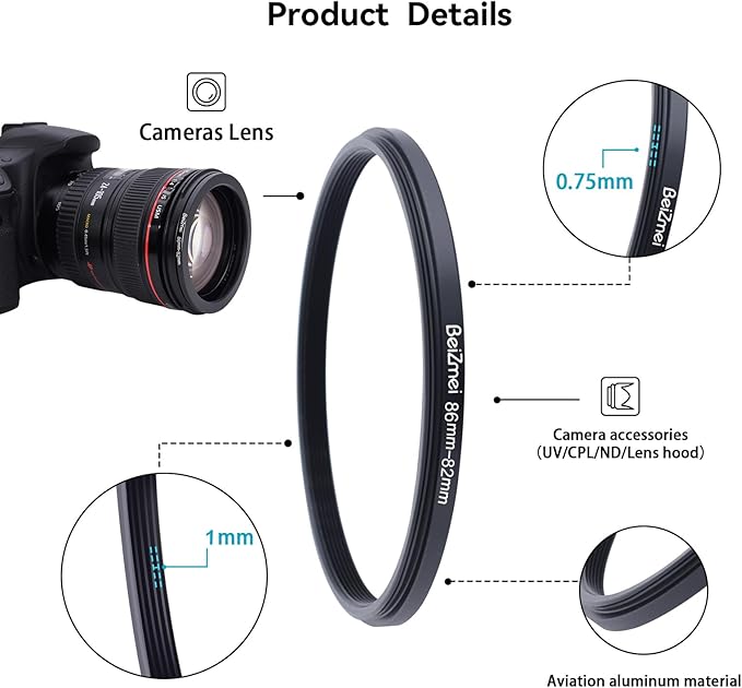 86mm to 82mm Camera Filters Ring,Step-Down Filters Ring Compatiable All Brands Ø86mm Lens to Ø82mm Camera Accessory.Made of CNC.